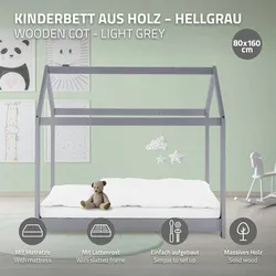 Kinderbett+Matratze Hausbett Bettgestell Einzelbett Lattenrost Hellgrau 80x160cm