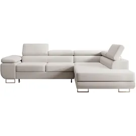 Selsey Stevil - L-Sofa mit Schlaffunktion, Bettkasten, Ottomane rechts, Veloursbezug Creme