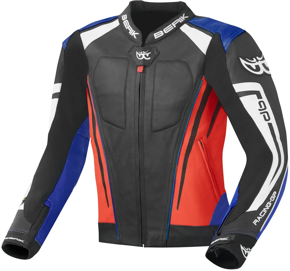 Berik Striper Evo Motorrad Lederjacke, schwarz-rot-blau, Größe 50 für Männer