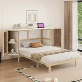 Klappbett 140√ó200 Cm, Doppelbett Mit Stauraum, Regalen Und Rattan-design, Ohne Matratze, Aus Holz, Natur