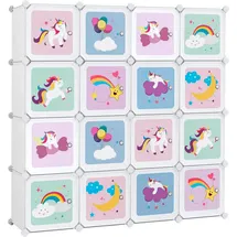 Songmics Kinderregal, Weiß, Metall, Kunststoff, 16 Schubladen, 123x123x31 cm, Babymöbel, Babyzimmerregale