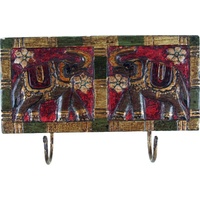 GURU SHOP Doppel Wandhaken Elefant, Indische Vintage Hakenleiste, Mehrfarbig, Holz, 12x25x4 cm, Wandhaken aus Holz, Metall & Keramik