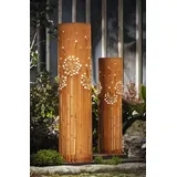 Dekoleidenschaft 2x Solar LED Dekosäule "Pusteblume" aus Metall Echt Rost, 60 + 80 cm hoch, Rostsäule, Leuchtdeko, Gartendeko für Draußen