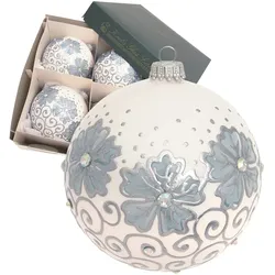 Krebs Glas Lauscha Kugeln Blumen & Wirbel, Weiß Satin, Blau/Silber Dekor, Strass, 10cm