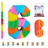 Relaxdays - 4 tlg. Pinata Set Geburtstag Zahl 6, xxl Konfetti Sack, Pinatastab m. Augenmaske, Geburtstagspinata, Stock & Maske, bunt