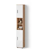 Livinity® Badschrank, Weiß Hochglanz, Eiche Wotan, 6 Fächer, Quadratisch,