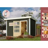 Karibu Saunahaus Außensauna Gartensauna Außensauna JOOST 1 terragrau 38mm Wandstärke 336 x 196 cm großes Sparset mit Ofen und Steuergerät