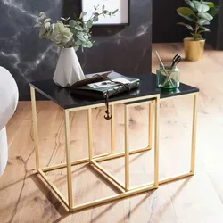 Kadima Design Couchtisch Set `Tronto`: 2 Tische, Gold-Look, Metallgestell, schwarze Glas/`Tronto`-Platte, 40/35x42/39x40/35 cm. Gold, 40x40x42 cm