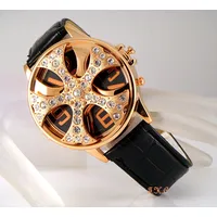 XL Beindruckend Schwarz Leder Gangster Rapper Spinnerei Deckel Gold Kristall Uhr