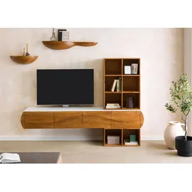 MASSIVMOEBEL24.DE Wohnwand Akazie 204x40x145 natur lackiert / Marmor weiß MONTREAL #143
