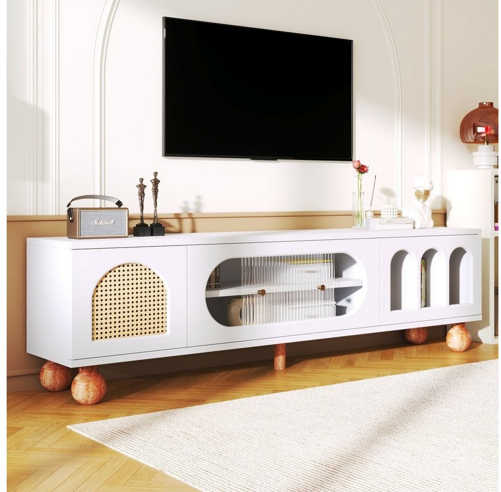 REDOM TV-Schrank Lowboard mit Glasschiebetüren, Fernsehtisch, Stauraum, Rattantür weiß
