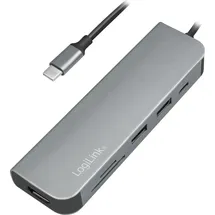 Logilink USB-C Hub mit 6X Erweiterungen: 1x HDMI/1x USB-C PD (Power Delivery)/1x SD Kartenleser/2x USB 3.2 Gen 1x1/1x HDMI (4Kx2K @30Hz) fürs Smartphone Notebook Computer Aluminium