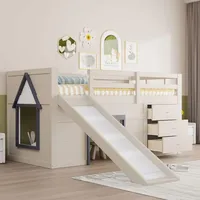 90 x 200 niedriges Hochbett mit Rutsche, drei Schubladen und zwei Türen, Creme - Creme