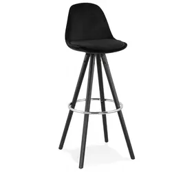 Barhocker Schwarz Samt 75 cm Sitzhöhe | Holzbeine Retro Hocker | Vintage Bar Stuhl mit Fußstütze | Retro Chic Stil | Kadima Design