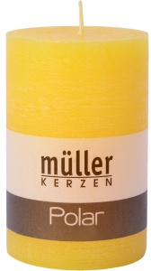 Müller Kerzen Polar Stumpenkerzen 120/78mm, Raureif-Effekt, Hochwertige Stumpen für langanhaltende gemütliche Stimmung, 1 Packung = 4 Stück, gelb