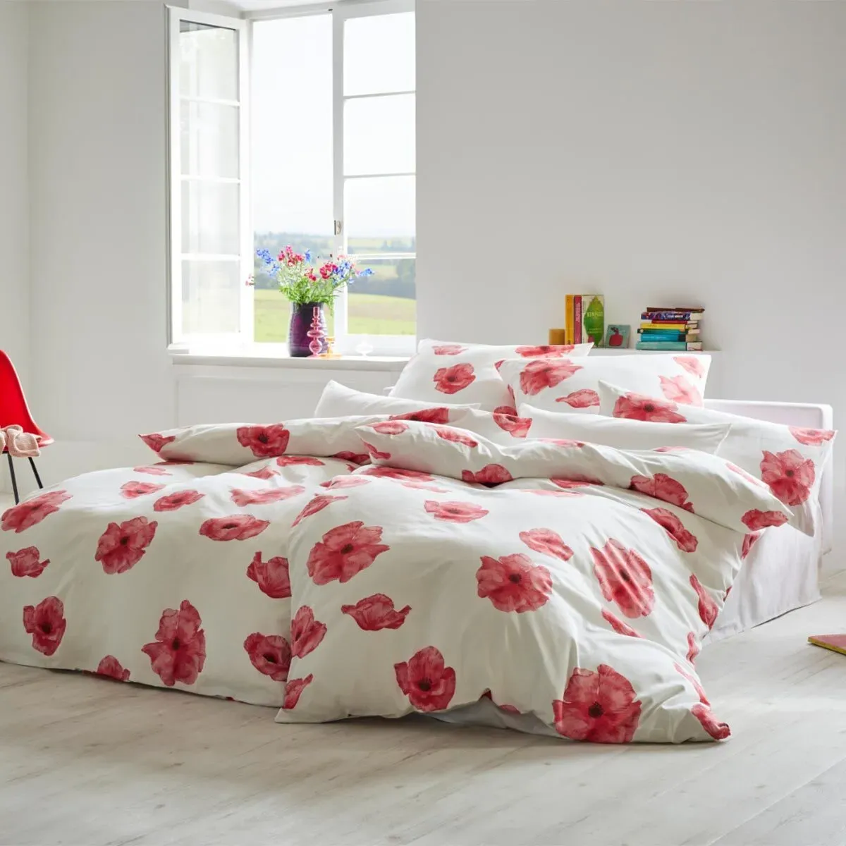 Cotonea Bio Satin-Bettwäsche Mohnblume rot 135x200 cm + 40x80 cm - rot;weiß