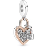 PANDORA Herzschloss Doppelter Charm-Anhänger aus Sterling-Silber und 14 Karat Rosévergoldeter Metalllegierung mit Cubic Zirkonia, 780087C01