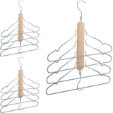 Relaxdays 3 x Mehrfach Kleiderbügel, platzsparend, je 4 Hemdenbügel mit Hosensteg, Holz, Metall, Antirutschbügel, Natur/grau