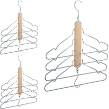 Relaxdays 3 x Mehrfach Kleiderbügel, platzsparend, je 4 Hemdenbügel mit Hosensteg, Holz, Metall, Antirutschbügel, Natur/grau
