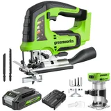 Greenworks 24V Akku-Stichsäge und Akku-Oberfräse, 26 mm Hubhöhe, Brushless, inkl. 2Ah Akku und Ladegerät