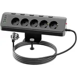 Steckdosenleiste mit USB, 5 Fach Mehrfachsteckdose Einzeln Schaltbar Ecksteckdose Steckerleiste Überspannungsschutz, Tischsteckdose Klemmbar, 2M Verlängerungskabel für Küche, Büro, Haushalt (Schwarz)