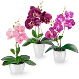 PASCH® Kunstblumen im Topf (35cm) - 3er Set Orchideen künstlich abgestimmtes Arrangement in Hochglanz-Keramiktöpfen, Deko Blumen künstlich, künstliche Orchideen (Lila-Rosé)