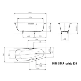 Kaldewei Mini Star rechts 835 Raumsparbadewanne 70 x 157 cm (224500010001)