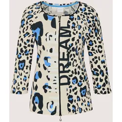 Langarmshirt MADELEINE "Shirtjacke Sportiver Halbarm Shirtblazer mit Print", Damen, Gr. 36, gletscherblau, perlweiß, schwarz, Obermaterial: 95% Baumwolle CO. 5% Elasthan EL., Modern, Shirts Langarmshirt, Rippenqualität