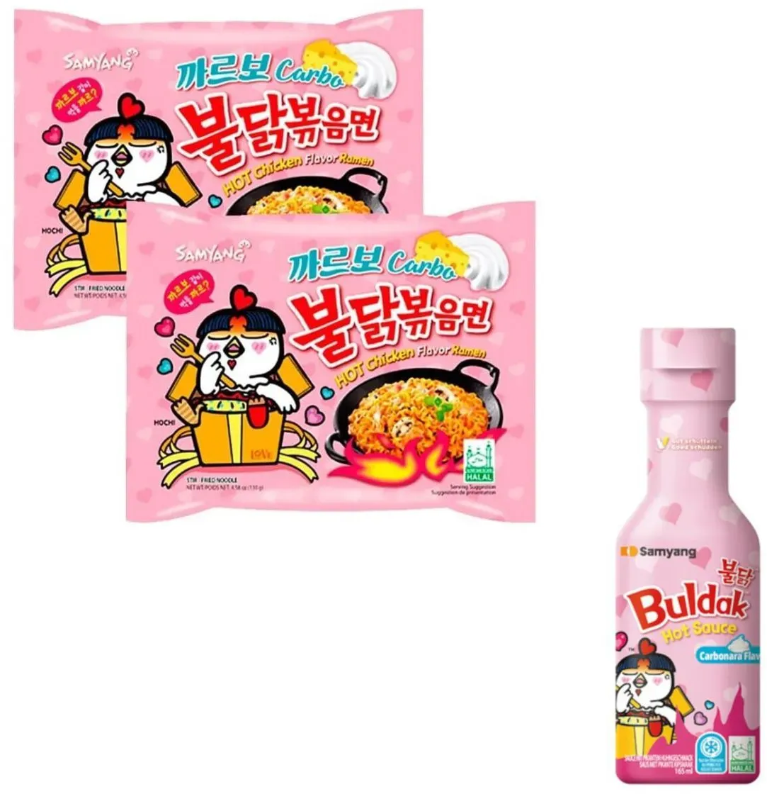 Samyang Hot Chicken Carbonara Flavor 2x 130g Ramen inkl 1x Buldak Sauce Pink