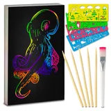 Tritart Kratzbilder Set für Kinder und Erwachsene I 45 Blatt I Regenbogen Kratzpapier zum Zeichnen und Basteln I mit Schablonenlinealen, Holzstiften, Stickern und Pinsel I A4 29,7 cm x 21cm