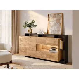 vente-unique 4-türige Kommode mit 4 Nischen und LED-Beleuchtung - Natürliches Licht und Anthrazit - IDESIA
