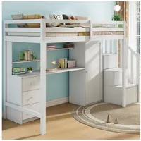Flieks Hochbett Kinderbett 90x200cm mit Schreibtisch Kleiderschrank und Stauraumtreppe weiß