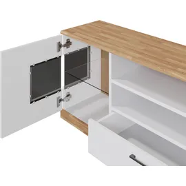 Home Affaire Lowboard HOME AFFAIRE "Ribe,160cm breit,55cm hoch,Oberplatte massiv", weiß (weis, eiche), B:160cm H:55cm T:35cm, FSC-zertifizierter Holzwerkstoff, Massivholz, Sideboards, Lowboard, Oberplatte Massivholz,schwarze Metall Griffe,2 Türen mit Glaseinsatz