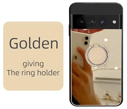 BLOTECH Mirror Hülle Compatible with Google Pixel 7 Pro, Mirror Hard Handyhülle Schutzhülle & Silicone Bumper,360 Degree Ring Shockproof Protective Case Finger Holder Magnetic Car Holder Cover - Gold