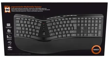 Müller ergonomische Multimedia-Tastatur mit 124 Tasten und Scroll-Rad, QWERTZ (DE/AT), kabelgebunden, schwarz