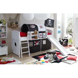TiCAA Hochbett mit Rutsche Rutschbett "Ekki" Country Kiefer Weiß Motiv