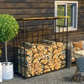 Outsunny Kaminholzregal Feuerholzregal Brennholzregal mit Dach, Stapelhilfe für Brennholz für Garten Balkon Metall Schwarz B/H/L: ca. 67x185x185 cm - Schwarz