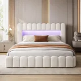 DAHUEN Polsterbett Bubble Bett 160x200, Doppelbett mit LED und USB Ladefunktion Kopfteil, Boxspringbett mit hydraulisches Bettkasten,Stauraumbett mit Lattenrost aus Holz, Leinen (Weiß, 160x200cm)