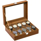 Uten Uhrenbox mit 10 Fächern, Uhrenbox mit Glasabdeckung, Uhrendisplay Aufbewahrungsbox für Damen und Herren, Braunes PU, Braunes Samtfutter, Geschenkidee