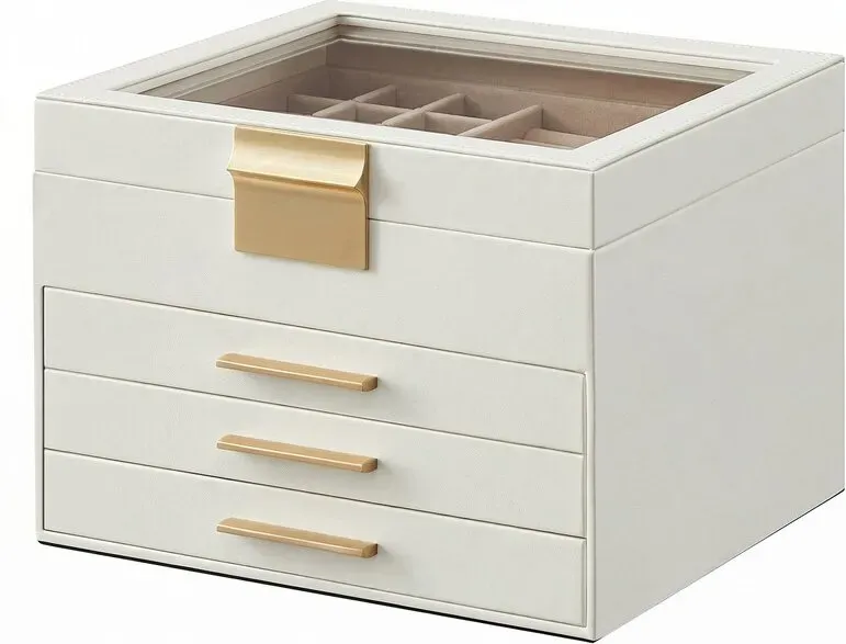 Ochama Schmuckbox mit Glasdeckel, 4-stöckige Schmuckaufbewahrung, mit 3 Schubladen, Geschenkidee, weiß-gold