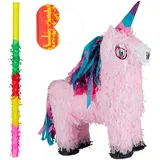 Relaxdays 3 TLG. Pinata Set Einhorn, mit Pinata Stab und Maske, Mädchen, Geburtstag, Unicorn Piñata zum selbst Befüllen, rosa-pink
