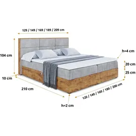 altdecor Boxspringbett mit H3-Matratze, Kopfteil und Bettkasten, mit Eiche Holz 160x200 Hellgrau Samt - Hellgrau