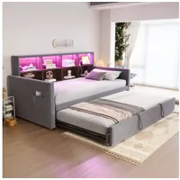 STILVORA Schlafsofa mit bettfunktion Polsterbett 90x190 mit stauraum Tagesbett ausziehbar, mit LED-Licht, Ladeanschlüssen und Staufächern, Ausziehbar, ohne Matratze, 90/180x190 cm grau