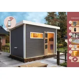 Karibu Saunahaus Außensauna Gartensauna Außensauna JOOST 2 terragrau 38mm Wandstärke 337 x 231 cm großes Sparset mit Ofen und Steuergerät