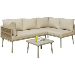 Merax Garten-Lounge-Set aus Eisen, Gartenmöbel-Set, L-förmiges Gartenmöbel-Set, mit Sitzkissen, verstellbaren Füßen, 2 Sofas und 1 Tisch, khaki