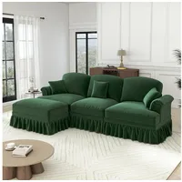 Odikalo Big-Sofa Ecksofa mit Schlaffunktion und Volant, Elegantes Mid-Century 2-3-4-5-Sitzer Sofa aus Chenille mit Trichter-Armlehnen, abnehmbarer Rüschenschürze & spindelförmigen Beinen – Komfortables Sofa fürs Wohnzimmer, Mehrfarbig grün
