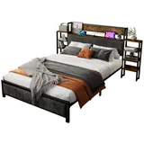 DOPWii Bettgestell Stauraumbett 140x200 cm – Bettgestell mit Regal & 3 USB-Anschlüssen (Metallbett 140×200 cm), Metallbett, Doppelbett mit Samtpolsterung – Metallrahmen, MDF & Velvet