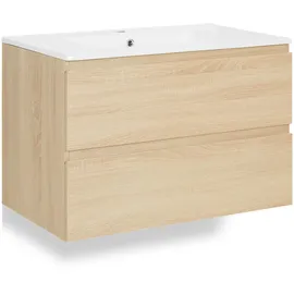 Homestyle4u Waschtischkombi, Eiche, Holz, Keramik, 80x54x47 cm, Badezimmer, Badezimmerschränke, Waschtischkombinationen