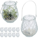 Relaxdays Windlicht, 12er Set, Glas, mit Henkel, HxD: 10 x 8,5 cm, innen & außen, Teelichthalter, transparent/Silber