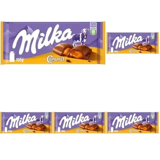 Milka Caramel 1 x 100g I Alpenmilch-Schokolade I mit flüssigem Karamell-Kern I Milka Schokolade aus 100% Alpenmilch I Tafelschokolade (Packung mit 5)